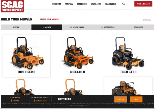 SCAG Power Equipment - Comprehensive website, covering product categories, details, build your own mower, compare products, and lead generation.